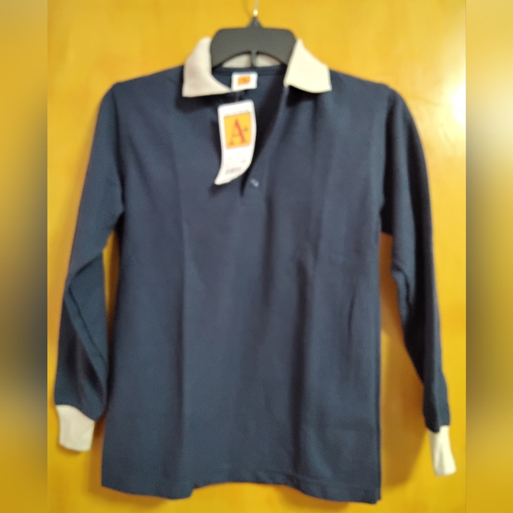 Youth Navy Long Sleeve Polo Shirt with Kacki Accents M